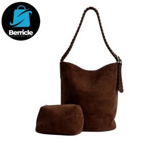 Berricle Brown Slouchy Bucket Bag with Matching Pouch – Adult Female, Faux Leather, Braided Strap, Spacious & Stylish (USA)